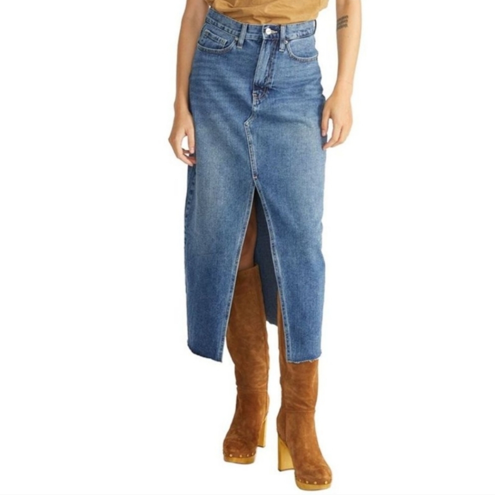 Free People x Driftwood Size 30 Jean Skirt Midi A Line Blue Denim Front Slit